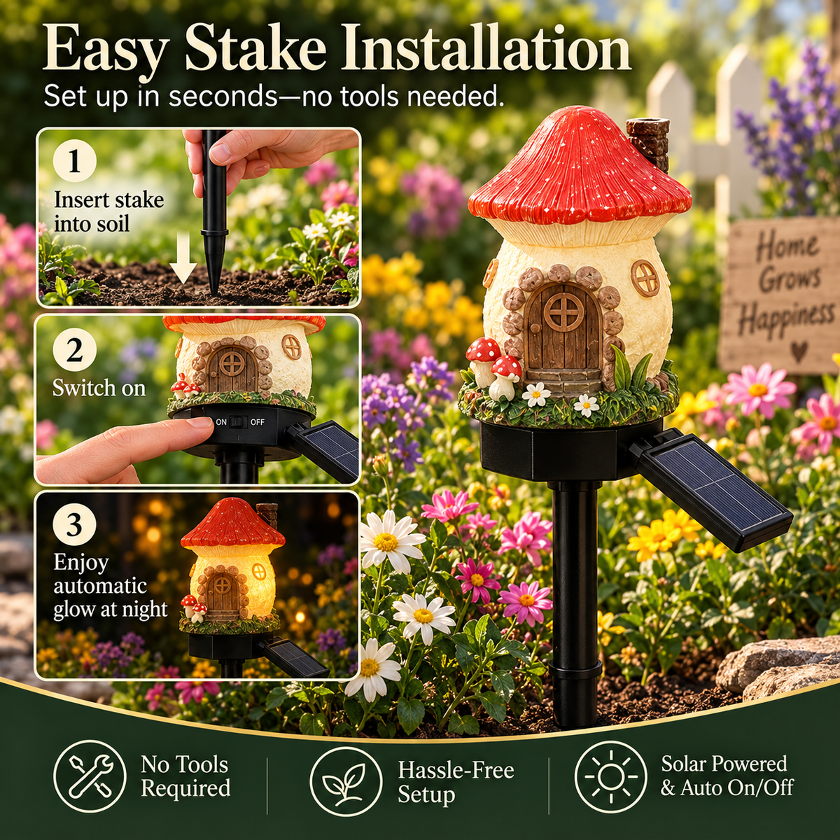 Solar Fairy-Tale Mushroom Cottage Garden Light