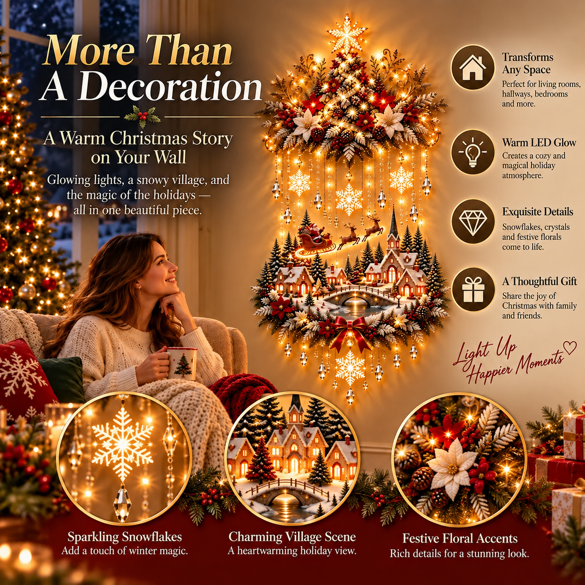 🎄 Christmas Snowflake Cascading Wall Light – Warm White Winter Village Decor ✨