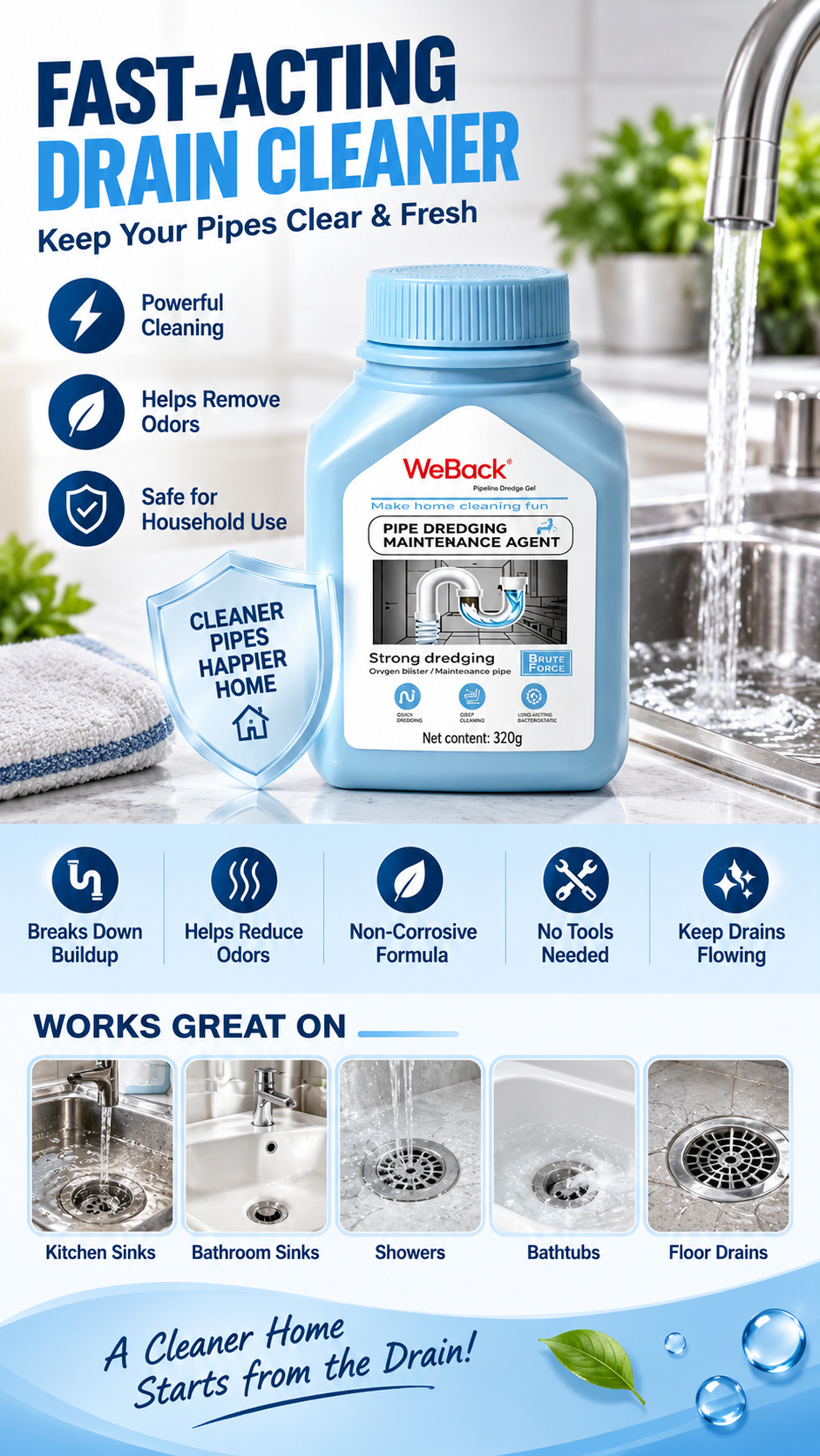 💧Extra Strength Drain Cleaner – Fast-Acting Kitchen & Bathroom Drain Opener