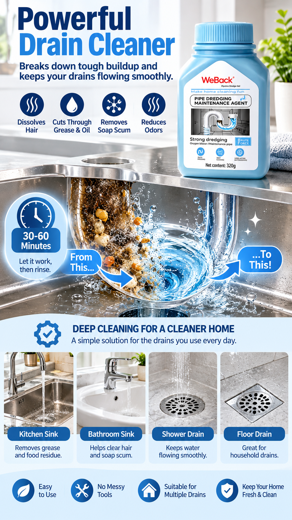💧Extra Strength Drain Cleaner – Fast-Acting Kitchen & Bathroom Drain Opener
