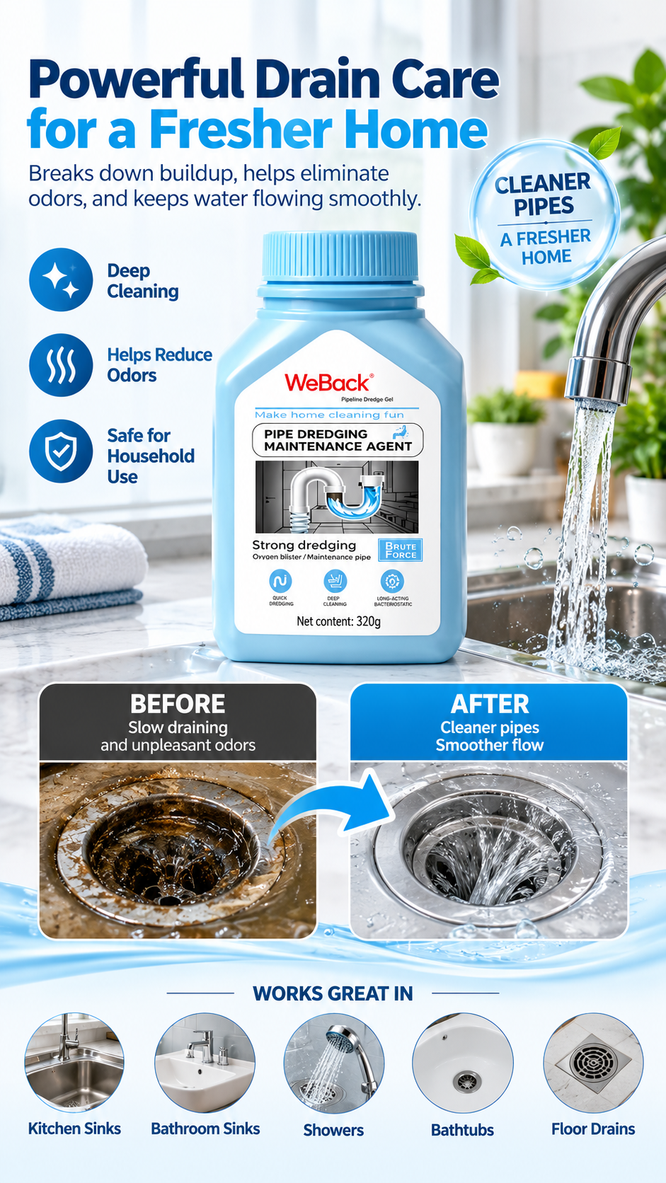 💧Extra Strength Drain Cleaner – Fast-Acting Kitchen & Bathroom Drain Opener
