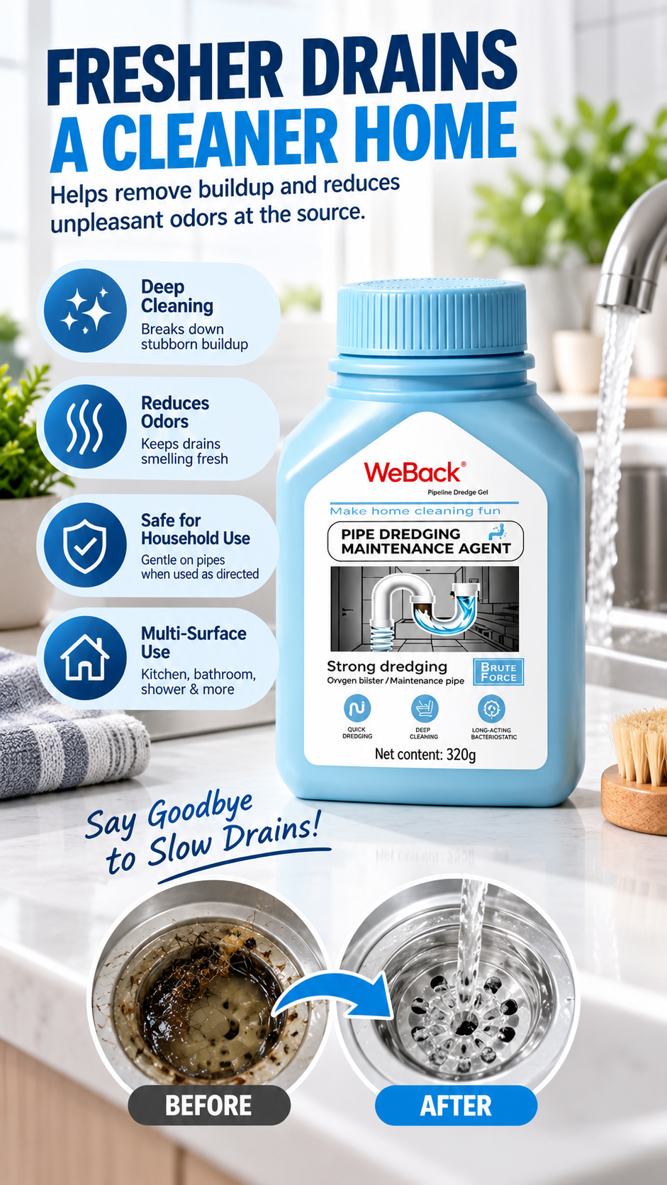 💧Extra Strength Drain Cleaner – Fast-Acting Kitchen & Bathroom Drain Opener