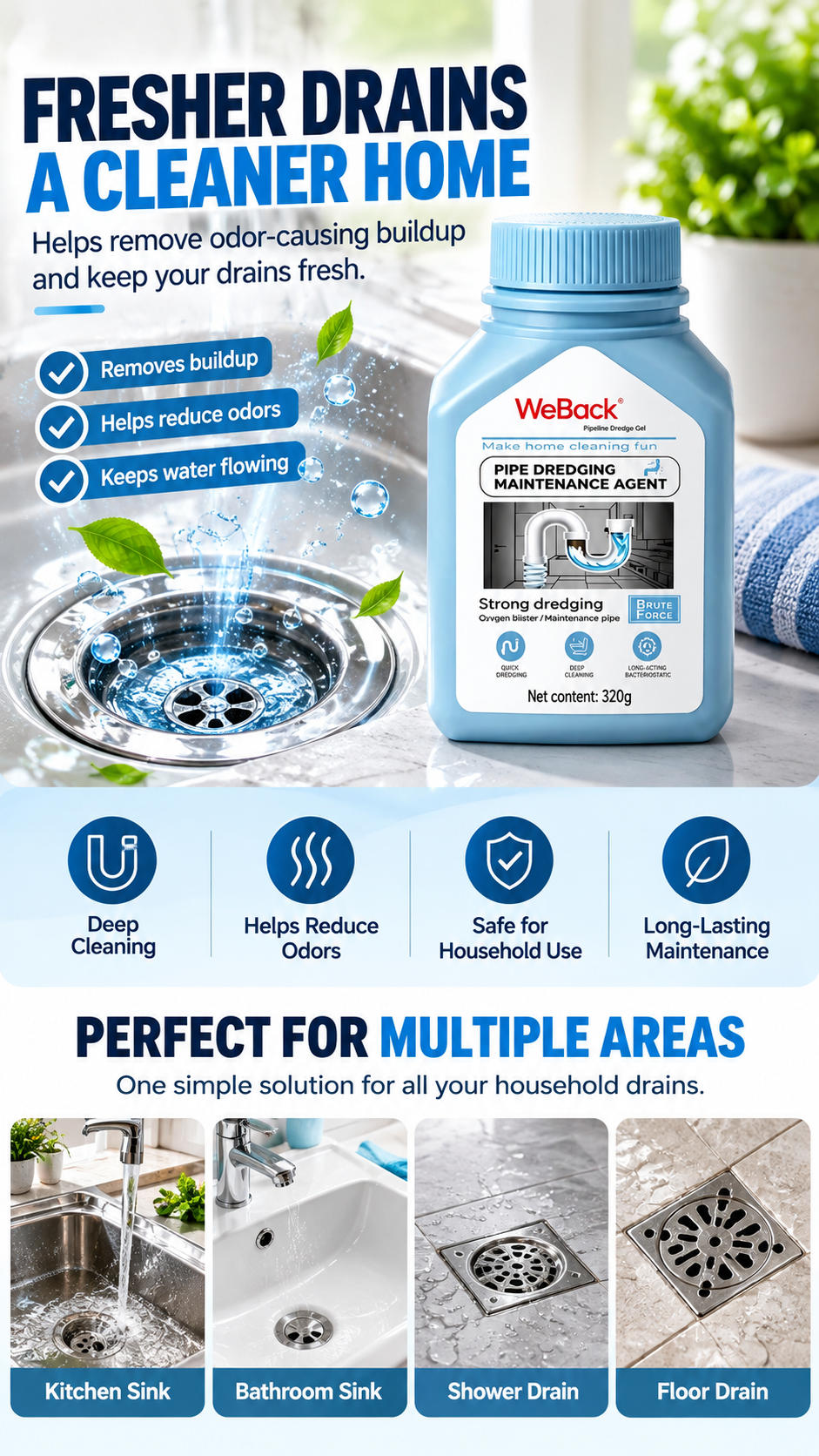 💧Extra Strength Drain Cleaner – Fast-Acting Kitchen & Bathroom Drain Opener