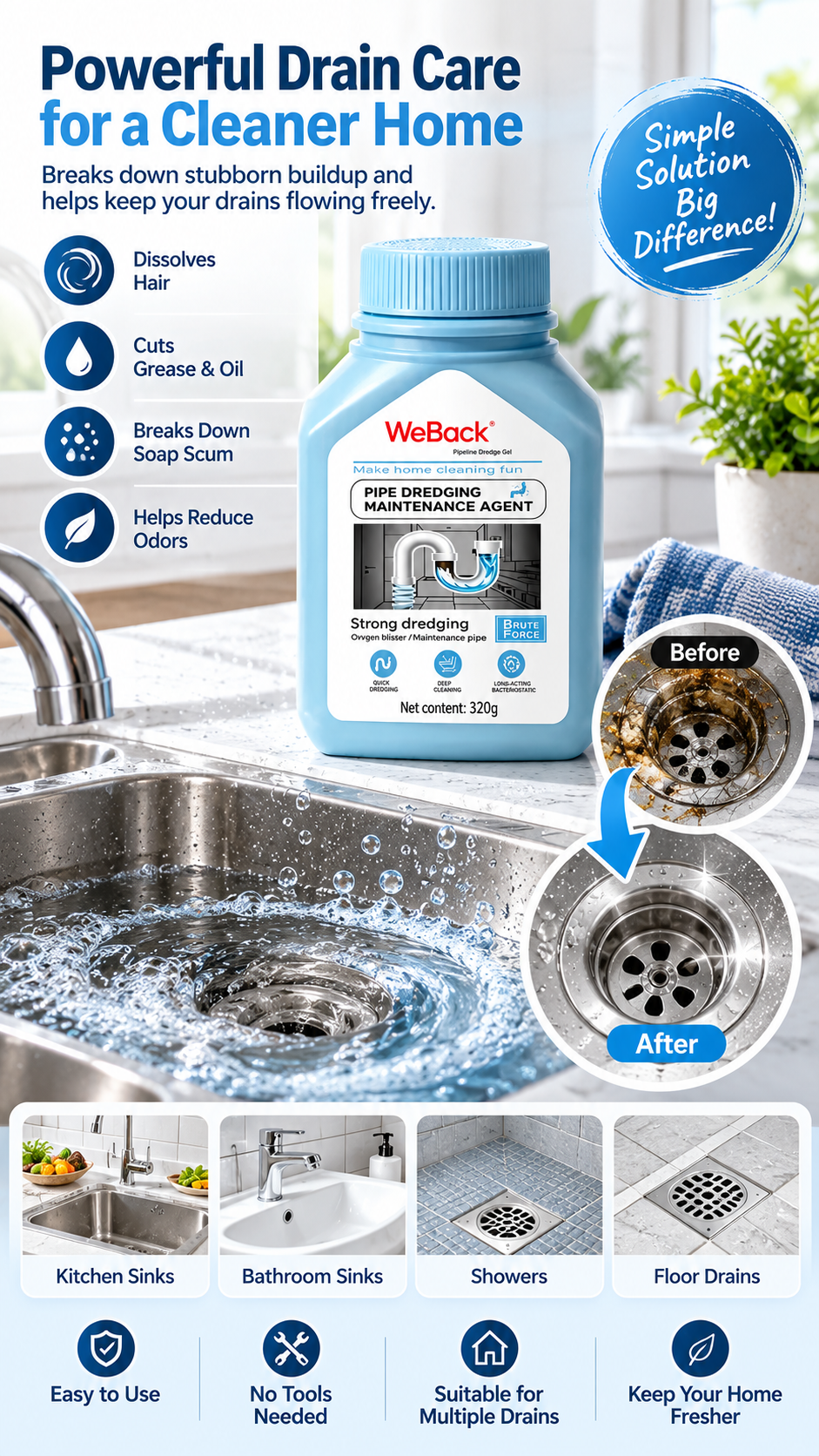 💧Extra Strength Drain Cleaner – Fast-Acting Kitchen & Bathroom Drain Opener