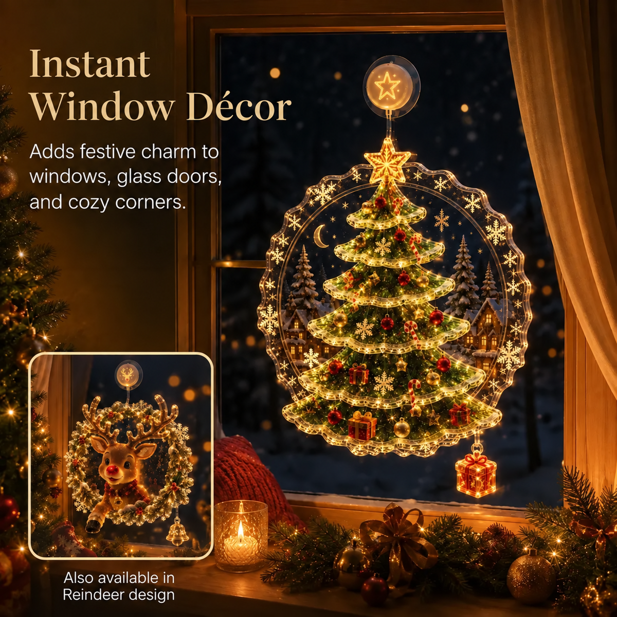 🎄Lighted Christmas Window Decoration with Suction Cup– 8 Warm LED Festive Designs✨