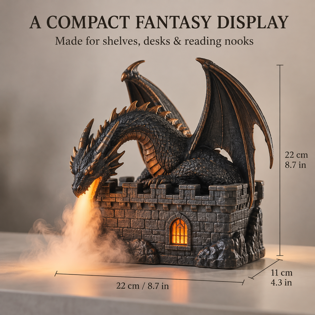🐉🔥  Dragon Flame Mist Diffuser – Gothic Castle Decor, Glowing Ember Mist & Fantasy Bookshelf Display