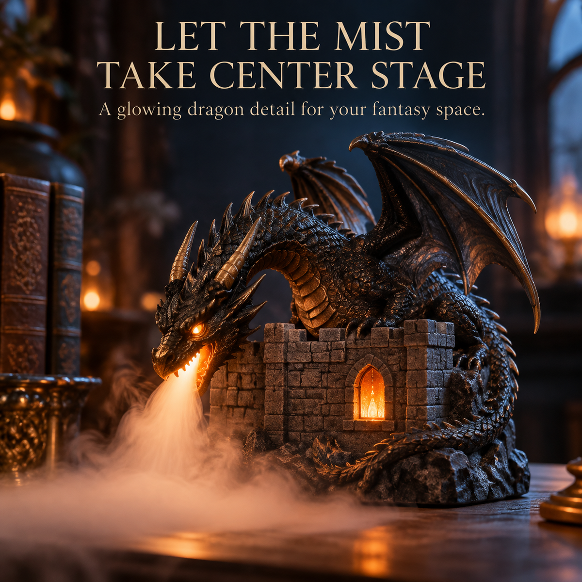 🐉🔥  Dragon Flame Mist Diffuser – Gothic Castle Decor, Glowing Ember Mist & Fantasy Bookshelf Display