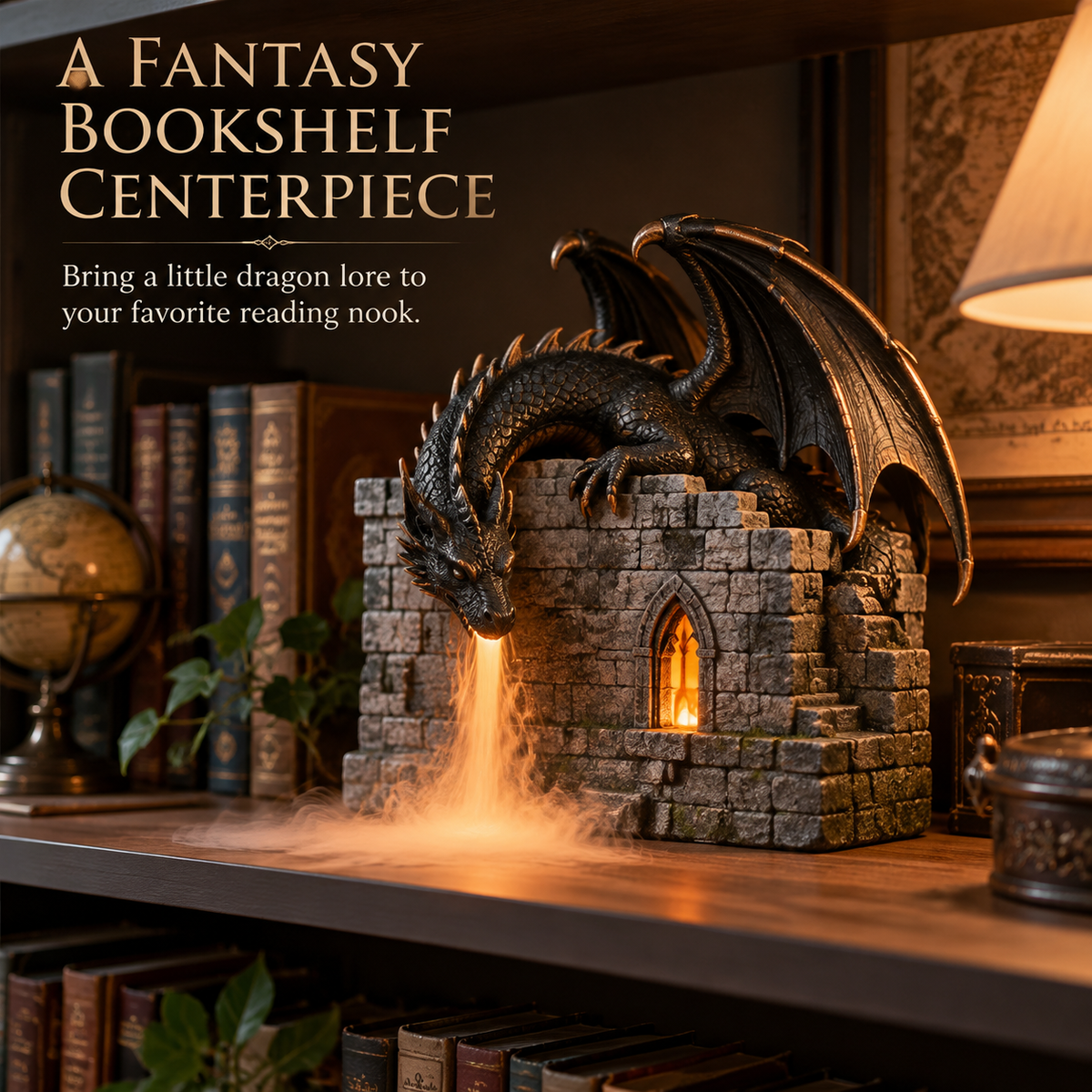 🐉🔥  Dragon Flame Mist Diffuser – Gothic Castle Decor, Glowing Ember Mist & Fantasy Bookshelf Display