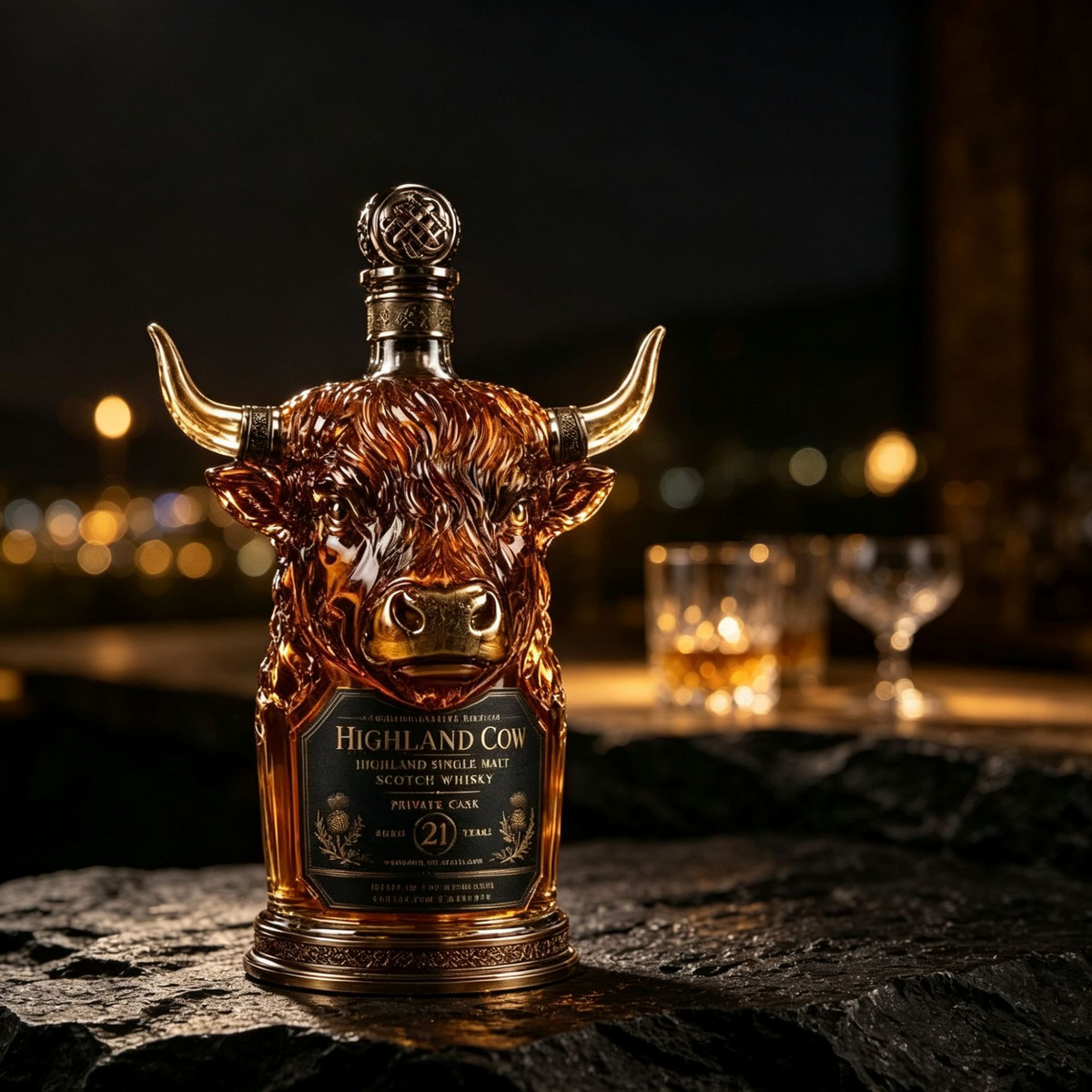 🐂 Highland Cow 21-Year Scotch Whisky Bottle 🥃 Unique Cow Head Design