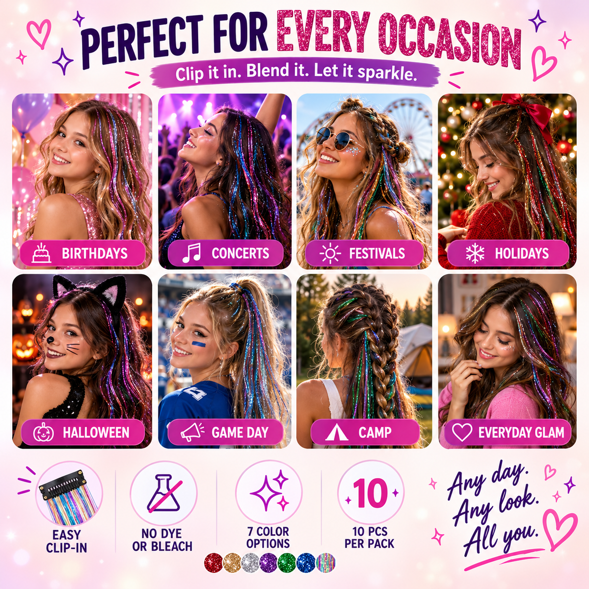 Clip-In Hair Tinsel Extensions | Removable Sparkle, 10 Pcs