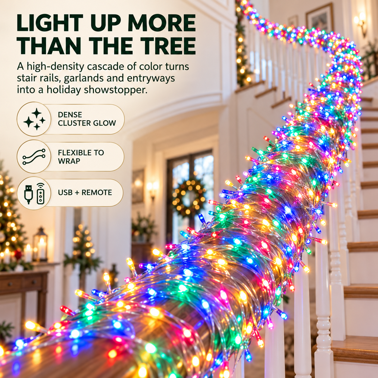 Multicolor Christmas cluster lights wrapped around a decorated staircase