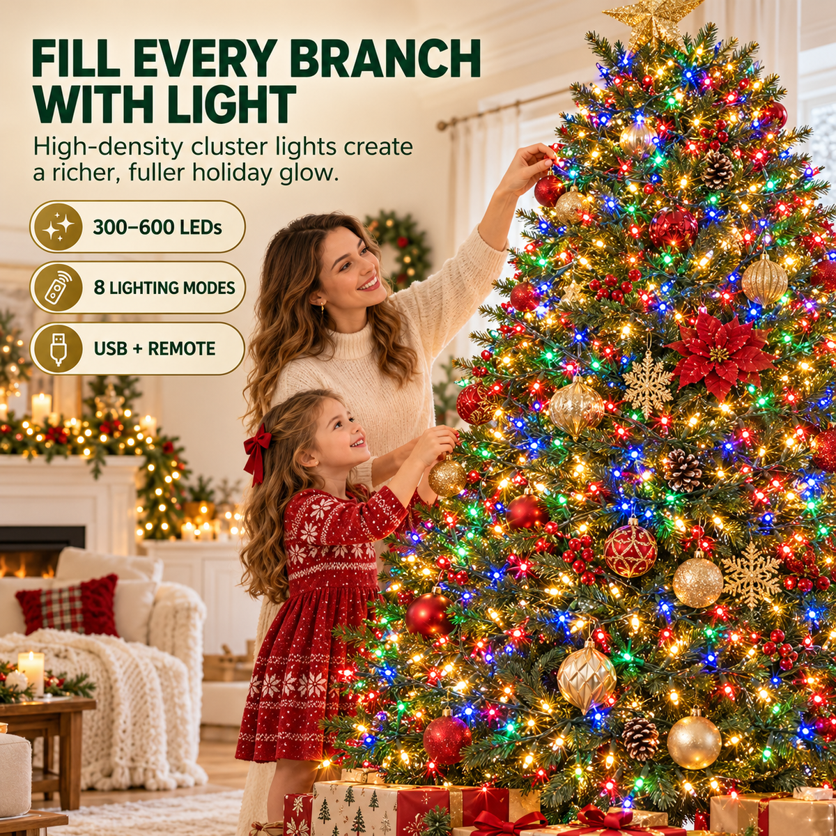 🎄✨ 300–600 LED Christmas Cluster String Lights – 8 Magical Lighting Modes for Stunning Holiday Decor 🌟