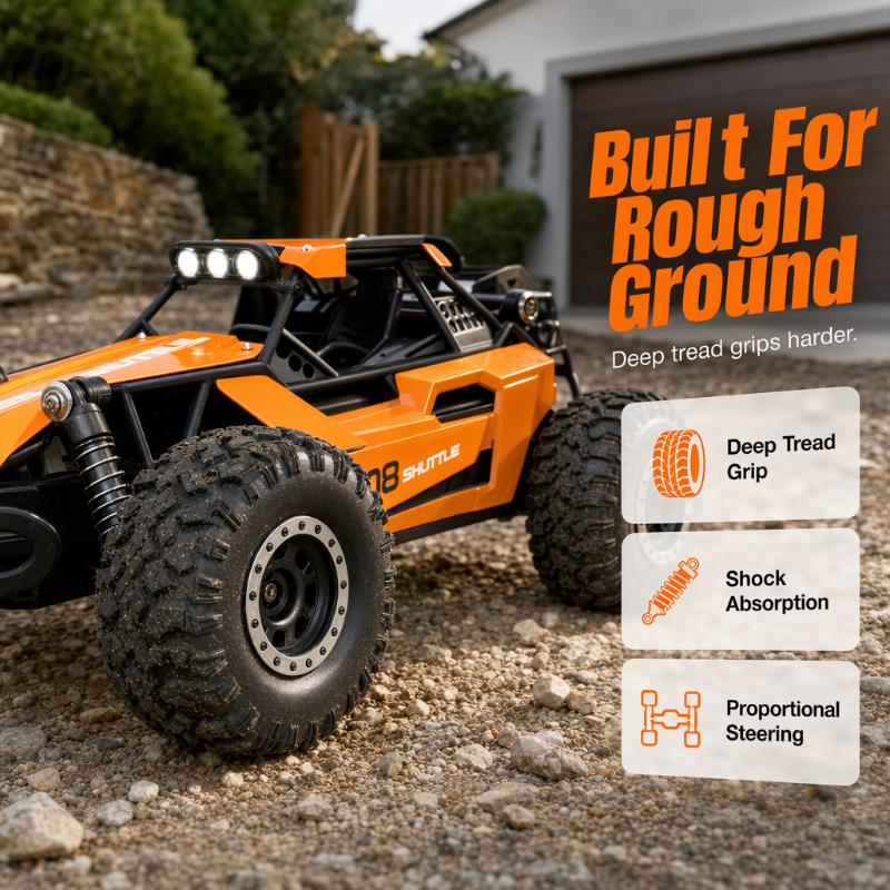Close-up of off-road RC car tires and suspension